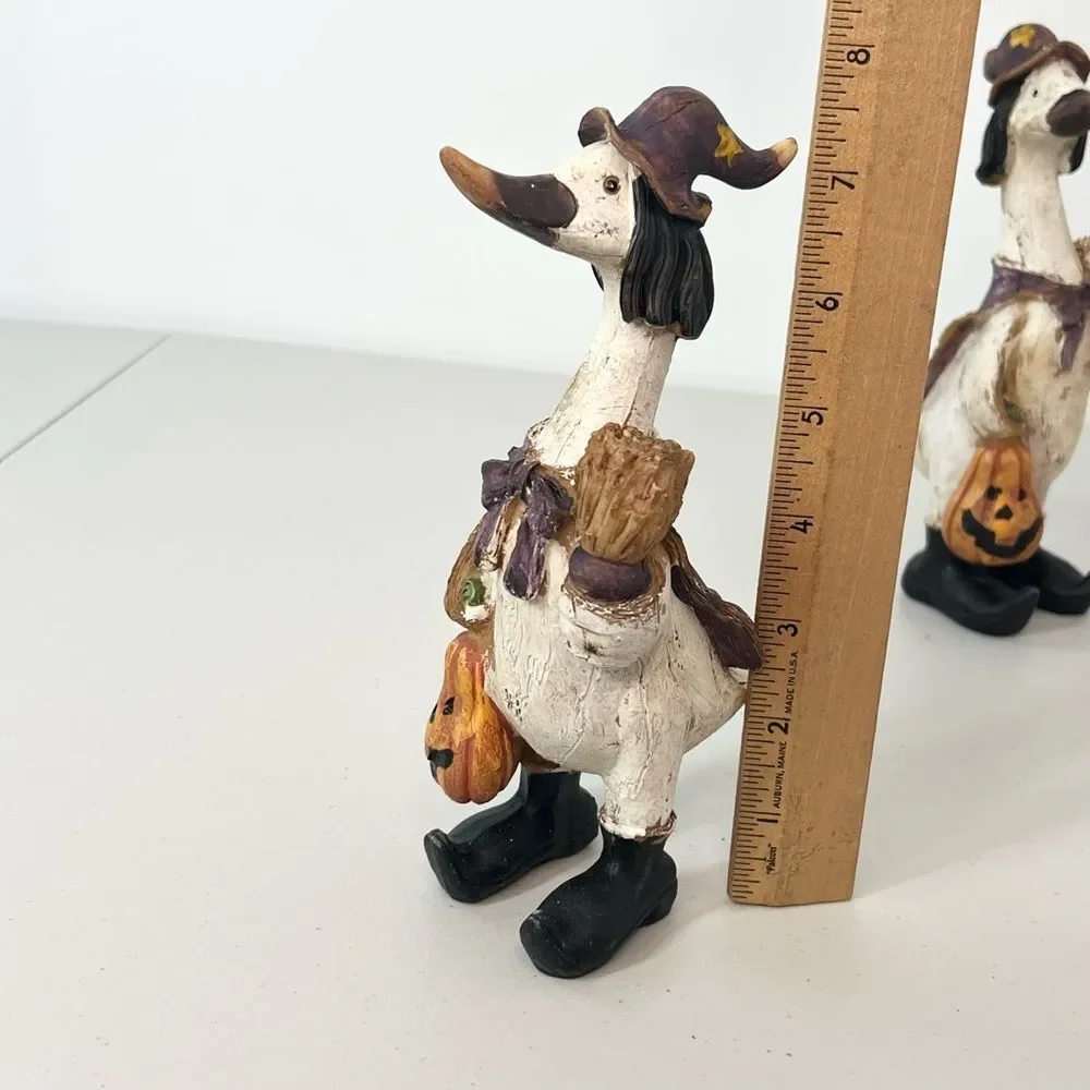 VTG Tii Collection Halloween Duck Witch Pumpkin Broom Resin Figurine Set Of Two